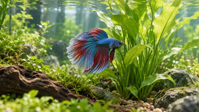 A betta resting beside a tall silk plant in a planted tank, with soft daylight through the glass.