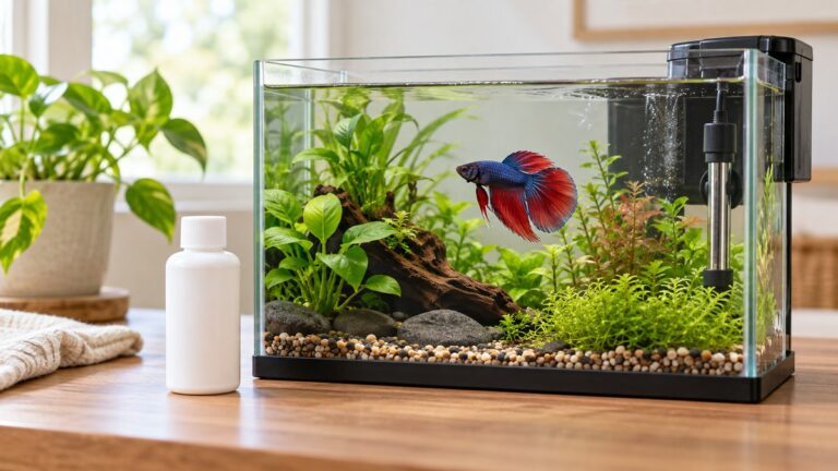 A small unlabelled water conditioner bottle beside a planted five-gallon betta tank with a heater and filter.