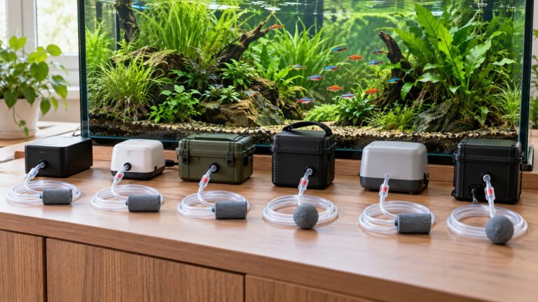 Six generic battery backup air-pump setups arranged beside a planted aquarium.