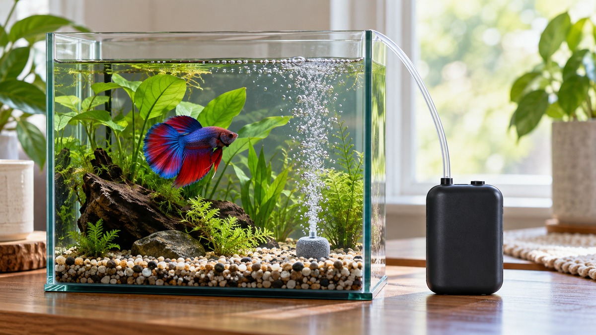 A compact battery-powered air aerator and stone create fine bubbles beside a small aquarium during a power outage.
