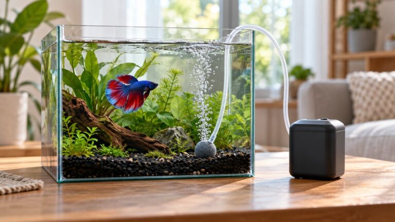 A portable unbranded battery air pump and clear tubing feed a bubbling air stone beside a small betta tank.