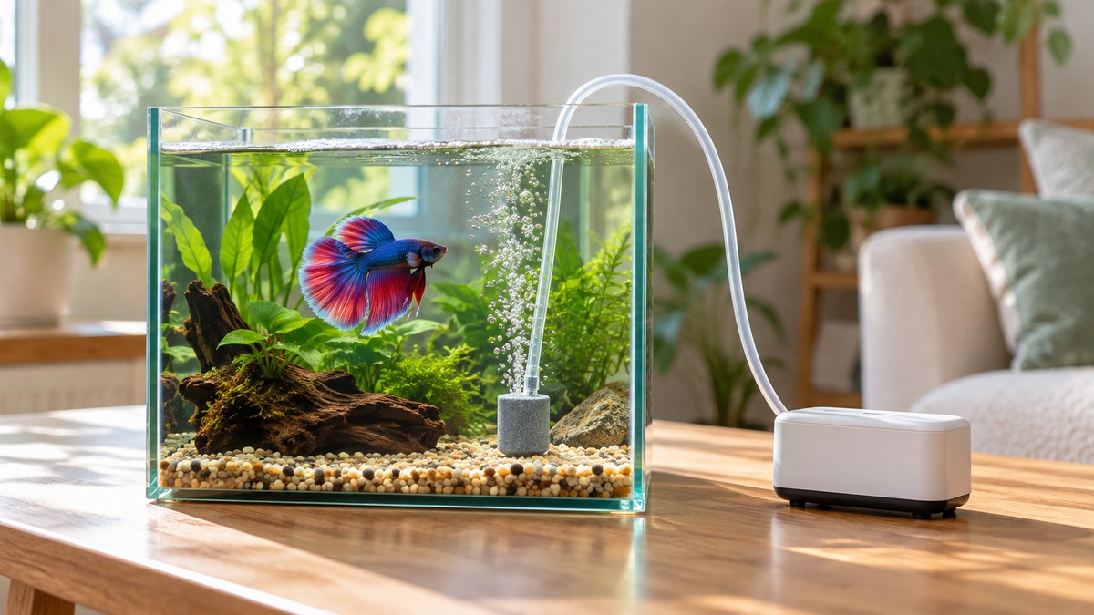 A compact battery air pump, clear airline, and bubbling air stone stand beside a small aquarium in daylight.