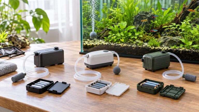 Three battery-powered aquarium pumps with tubing and air stones beside a planted fish tank.
