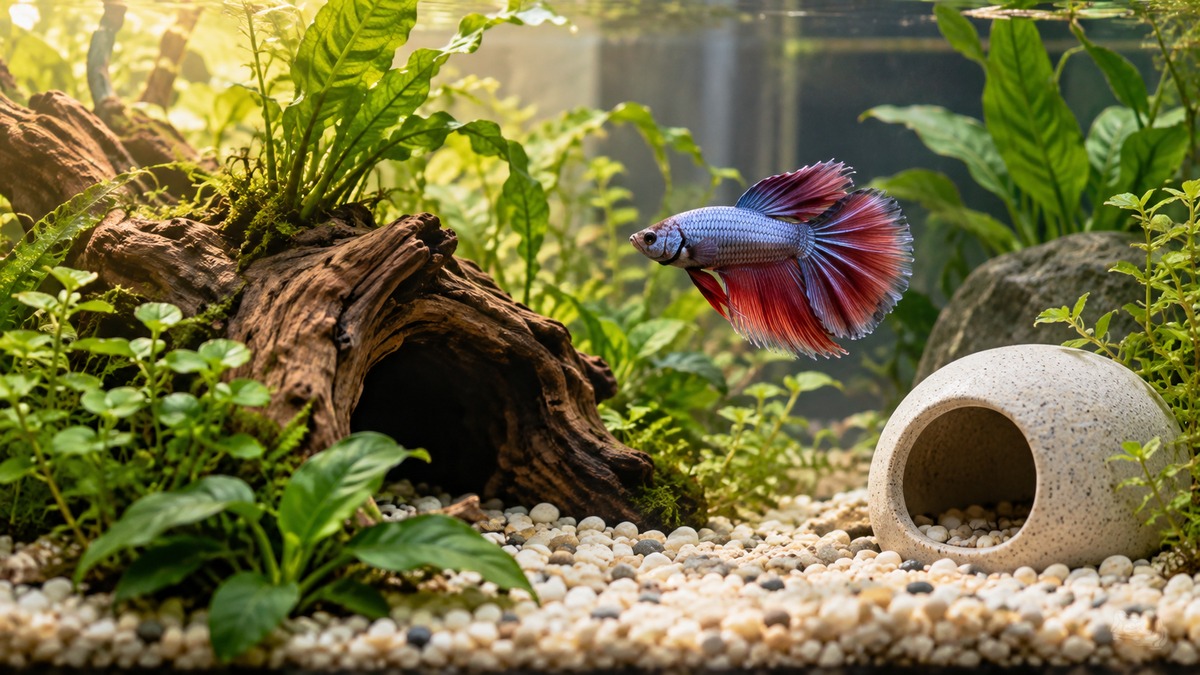 A small betta tank with a driftwood cave, a few green artificial plants and a rounded ceramic shelter on pale gravel, lit from one side.