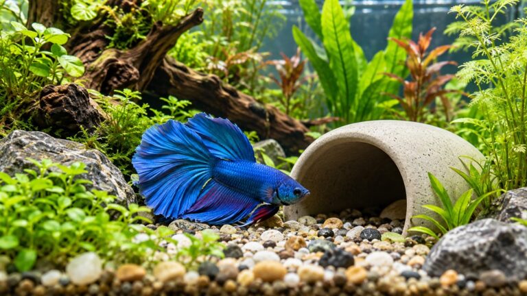 A blue betta resting near a smooth ceramic cave on the floor of a planted tank.