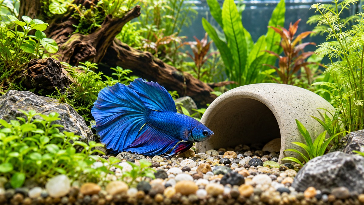 A blue betta resting near a smooth ceramic cave on the floor of a planted tank.