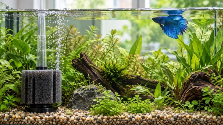 A small sponge filter with a gray foam body sitting in a clear betta tank, with a blue betta resting near the surface and fine bubbles rising beside it.