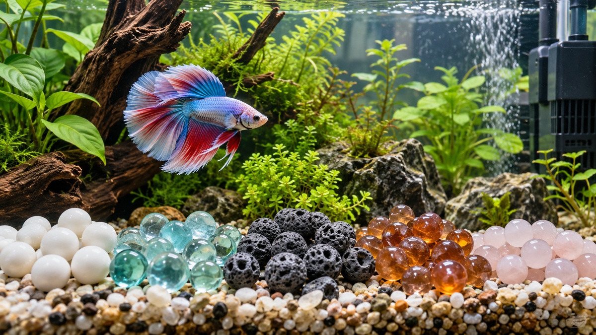 Colorful groups of aquarium beads arranged in a planted filtered tank with a betta fish.