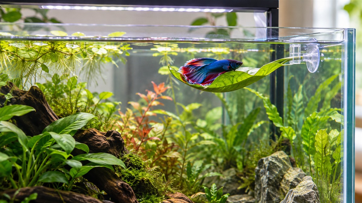 A betta resting on a green leaf hammock clipped near the surface of a planted tank with the light on.