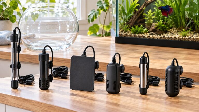 Six compact aquarium heater designs are arranged beside a glass bowl and planted betta tank.