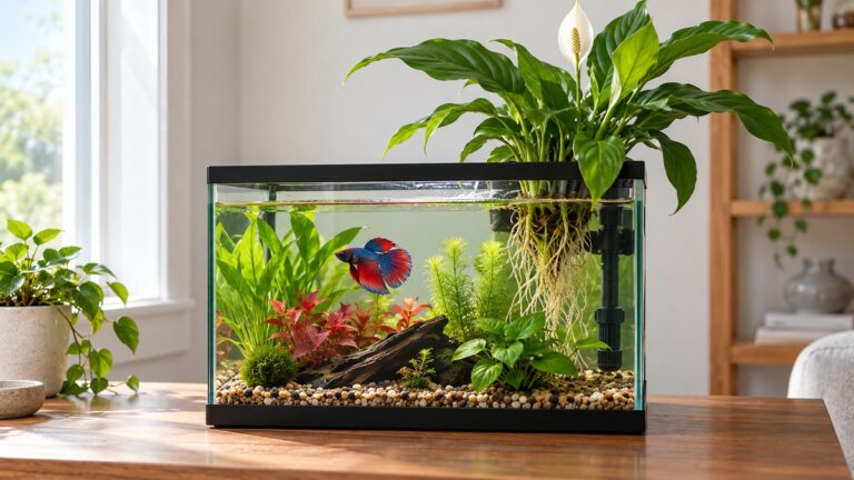 A planted five-gallon betta aquarium with soft silk plants and a peace lily growing above the waterline.