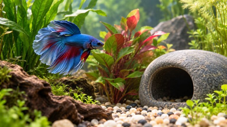A betta resting near a silk plant and a small cave in a planted tank with soft daylight.