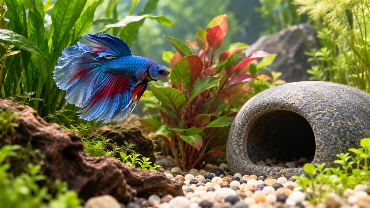 A betta resting near a silk plant and a small cave in a planted tank with soft daylight.