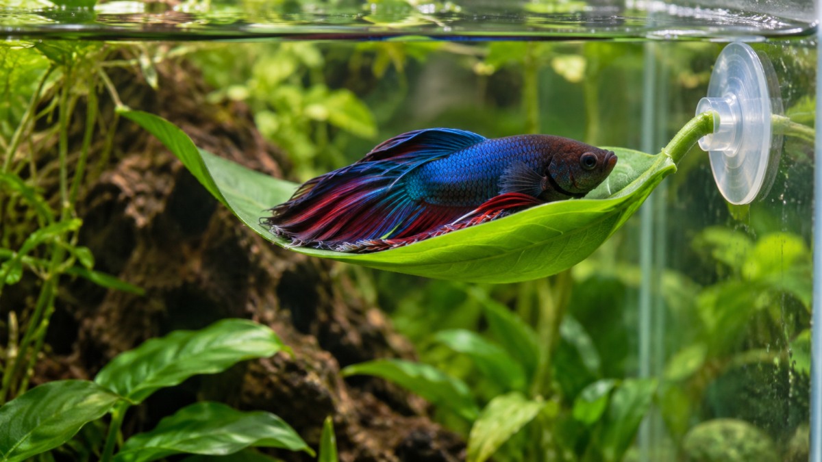 A small green leaf-shaped betta hammock with a suction cup, floating near the top of a clear tank, with a betta resting on it.