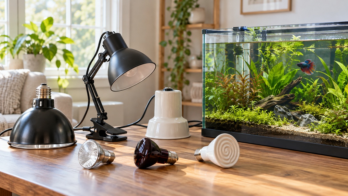 Several aquarium lamp options are displayed beside a planted betta fish tank.