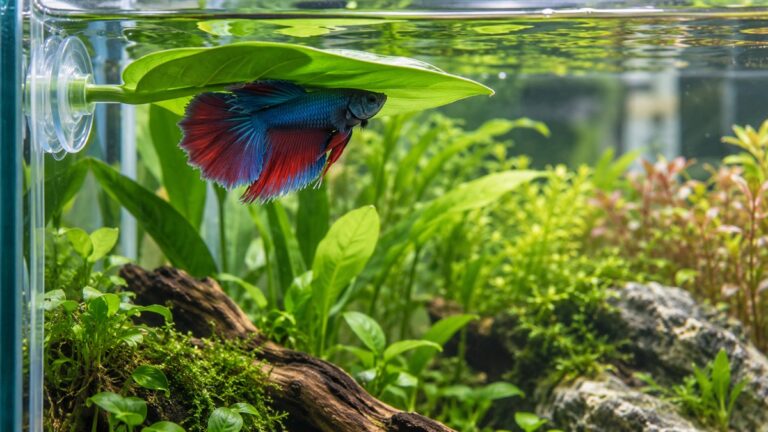 A green betta leaf pad fixed to the inside glass of a planted five-gallon tank, with a betta resting in its shadow near the top of the water.