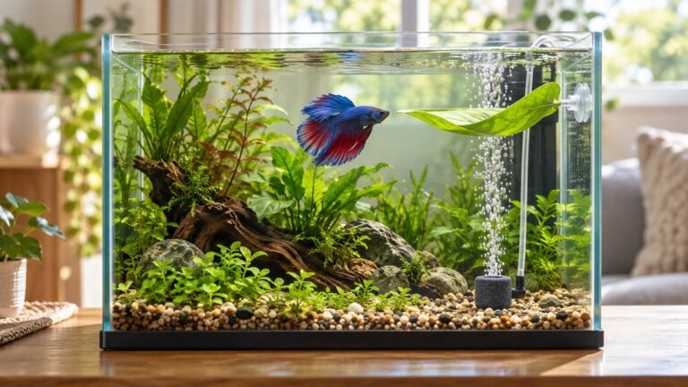 A calm planted five-gallon betta tank shows a small air stone producing gentle bubbles beside a leaf hammock.