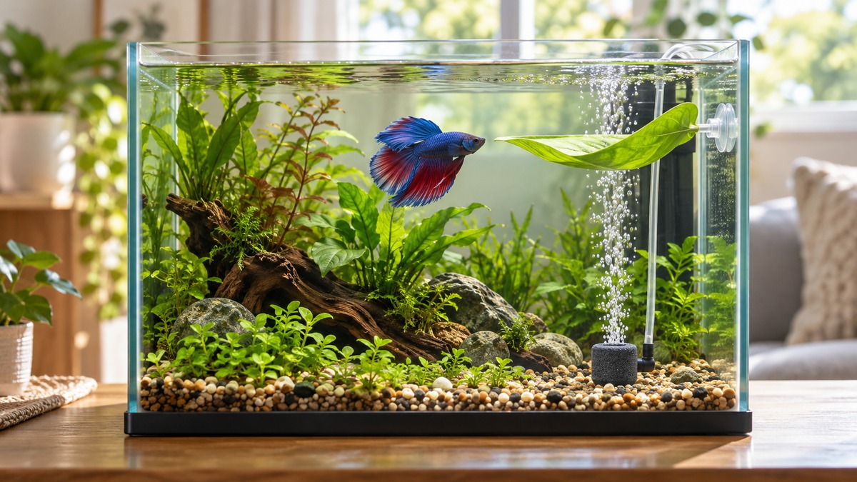 A calm planted five-gallon betta tank shows a small air stone producing gentle bubbles beside a leaf hammock.