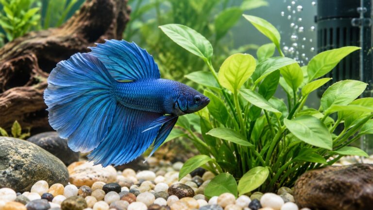 A calm close-up of a blue betta resting beside a soft green plastic plant in a heated, filtered 5-gallon aquarium.