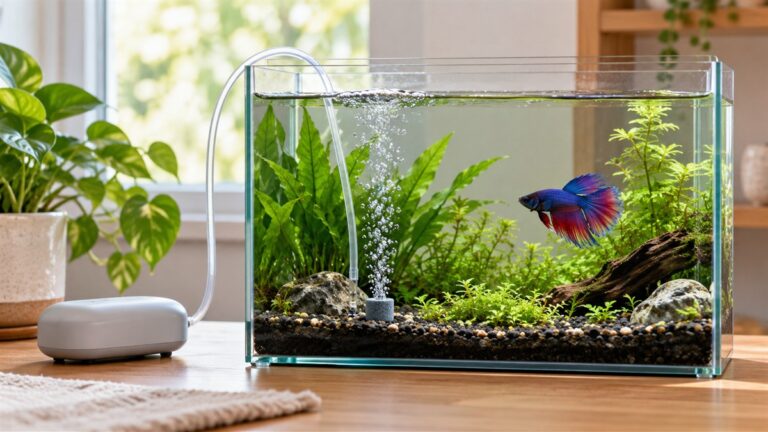 A small betta tank with a slim air pump sitting above the waterline, a thin air tube running to a small air stone and gentle bubbles rising past green plants.