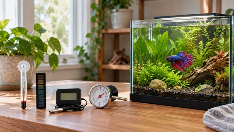 Several aquarium thermometer styles beside a healthy planted betta tank.