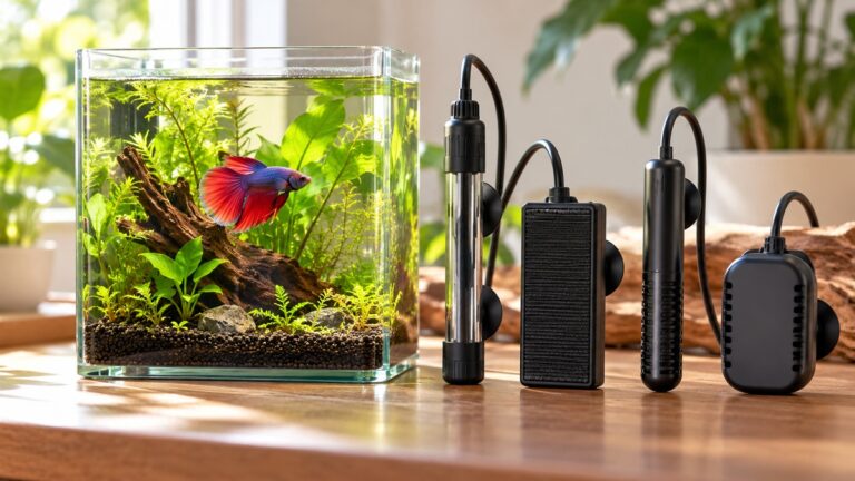 Compact aquarium heaters are compared beside a small planted betta tank.