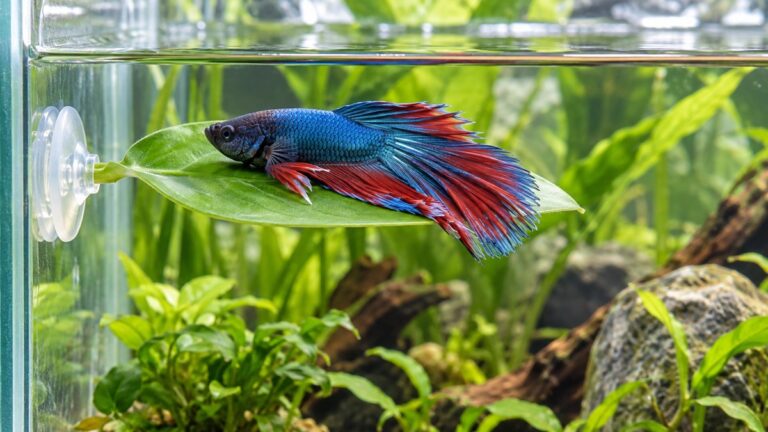 A betta resting on a green plastic leaf pad attached to the inside wall of a clear tank, just below the waterline.