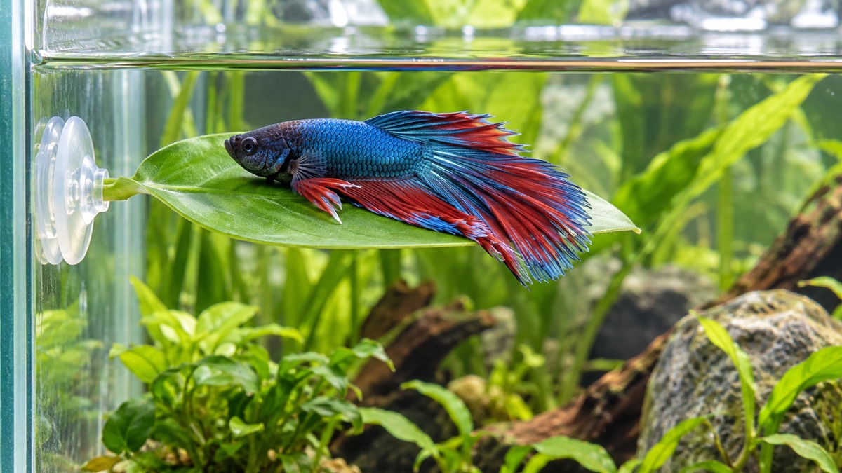 A betta resting on a green plastic leaf pad attached to the inside wall of a clear tank, just below the waterline.
