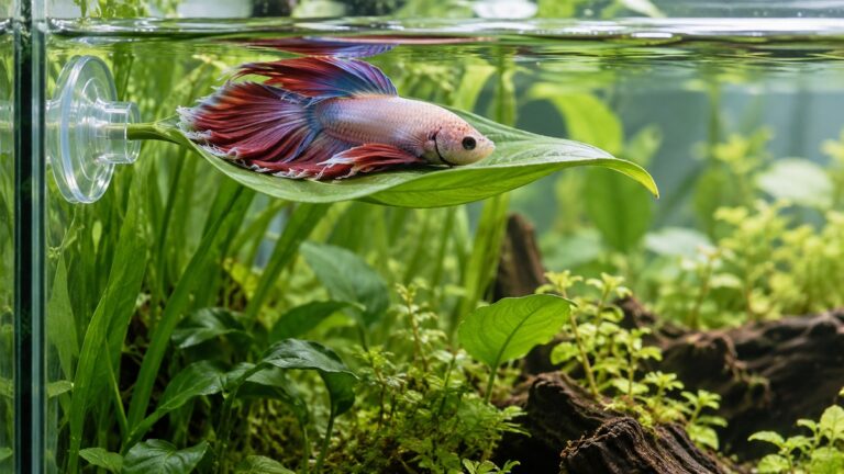 A betta resting on a green leaf hammock that is suction-mounted just below the water surface of a planted tank.
