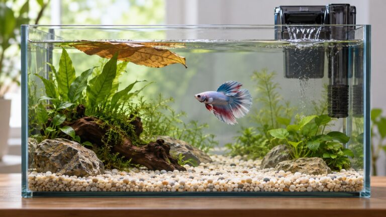 A small betta tank with a gentle hang-on filter, a resting leaf and soft daylight, shown from the front at eye level.