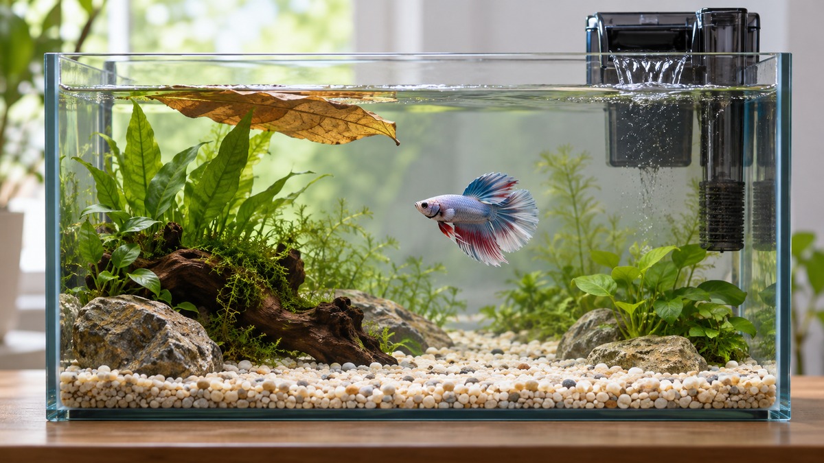 A small betta tank with a gentle hang-on filter, a resting leaf and soft daylight, shown from the front at eye level.