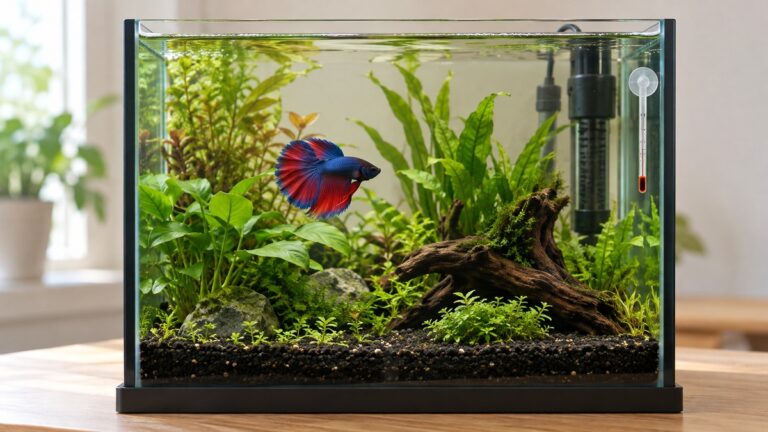 A planted five-gallon betta aquarium shows a generic submersible heater and plain thermometer attached to the glass.