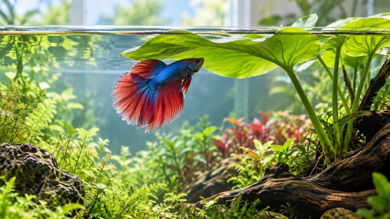 A betta pausing beneath a green resting leaf attached near the surface of a clear tank, soft window light.