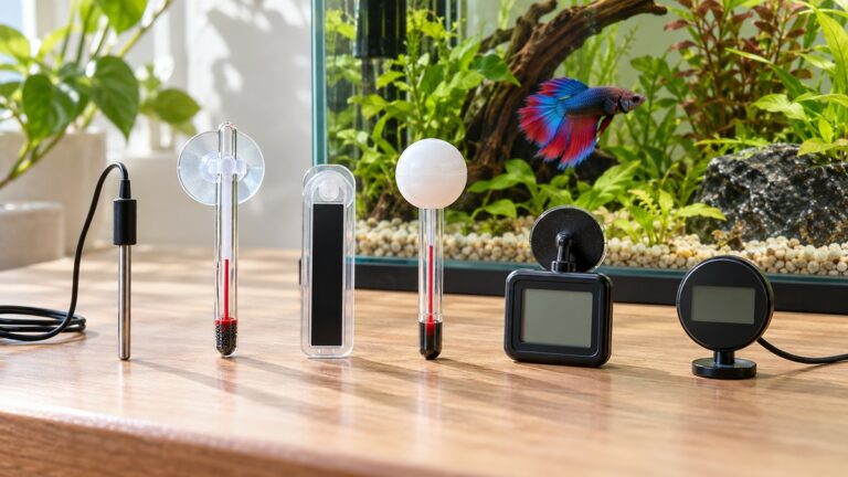 Six aquarium thermometer designs stand on a wooden counter beside a planted betta tank.