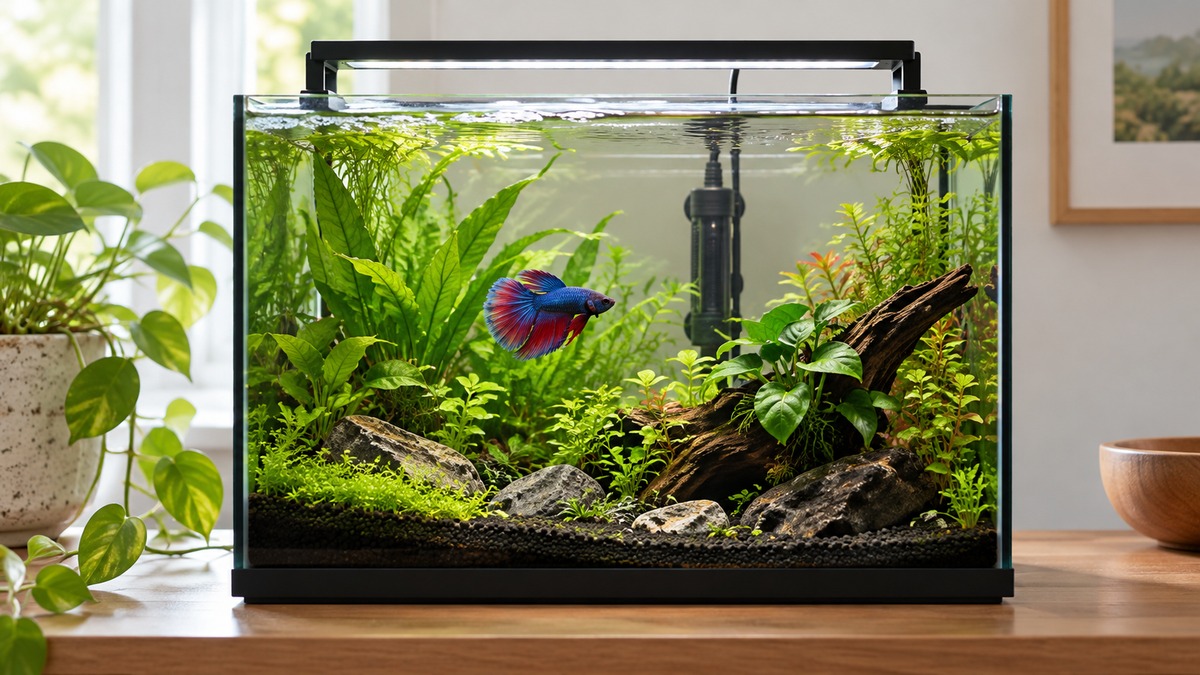 A planted five-gallon betta tank with a small plain black submersible heater visible against the back glass.