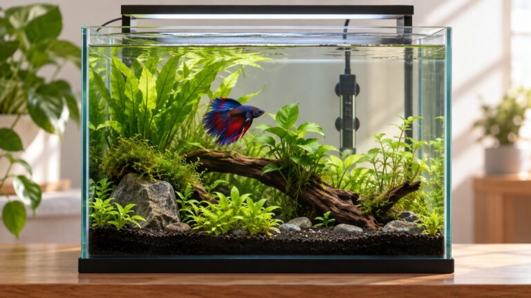 A small generic submersible heater is visible on the back glass of a planted five-gallon betta tank.