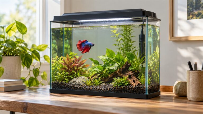 A clear 5 gallon betta tank with a light hood, gentle plants and a small heater visible near the back glass, on a wooden desk in soft daylight.