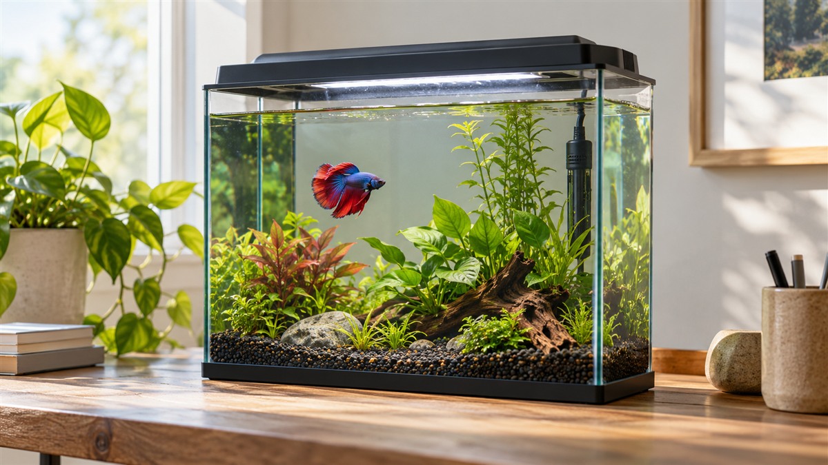 A clear 5 gallon betta tank with a light hood, gentle plants and a small heater visible near the back glass, on a wooden desk in soft daylight.
