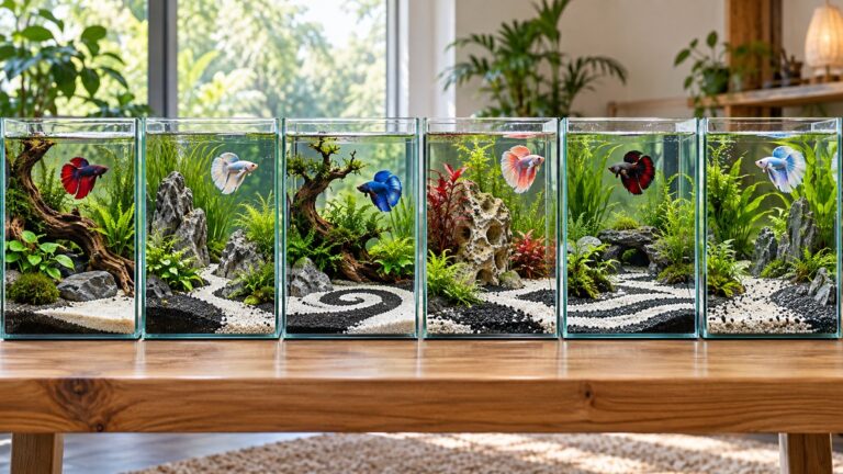 Aquarium aquascapes featuring varied black-and-white sand patterns and healthy betta fish.