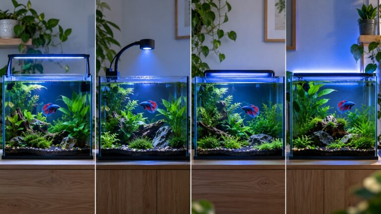 Several planted betta aquariums demonstrate different gentle blue lighting configurations.