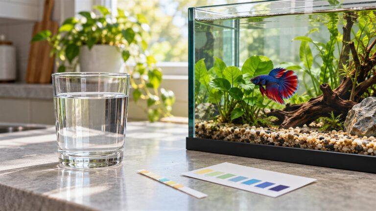 A glass of tap water beside a betta tank, with a strip-style chlorine test and its color card on a clean counter.
