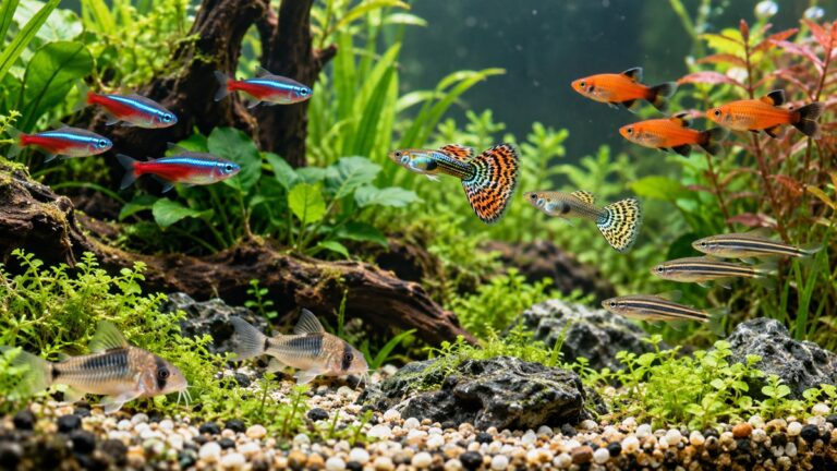 Colorful small freshwater fish swimming in a healthy planted aquarium.