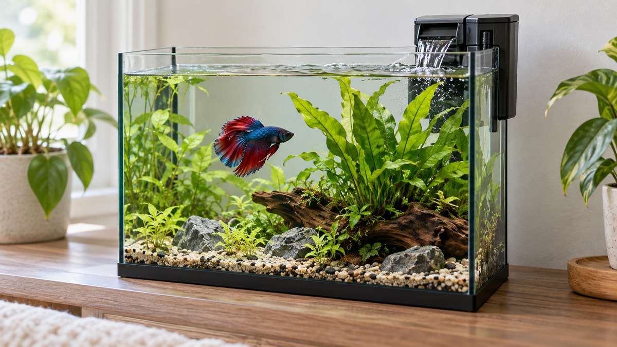 A small planted betta tank uses a slim generic external hang-on-back filter running gently beside a leafy plant.