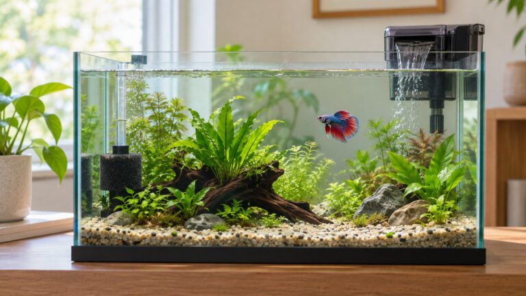 A clear ten-gallon betta aquarium with a gentle hang-on-back filter and a sponge filter in one corner.