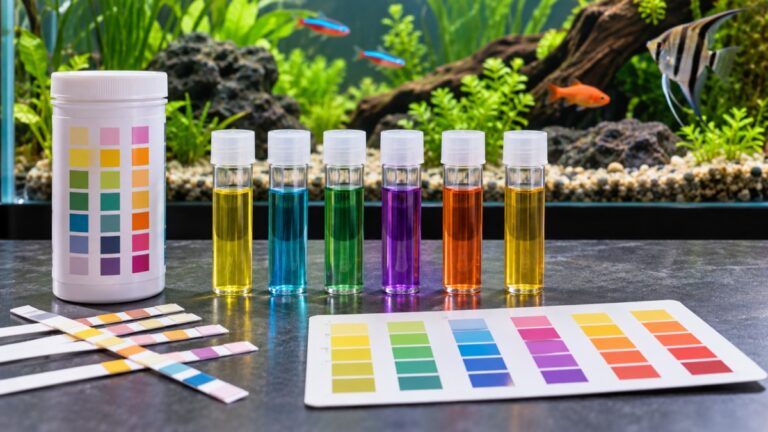A clean desk with a fish tank in the background, a color chart and a row of test strips lined up beside a small glass of tank water.