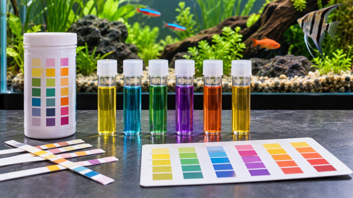 A clean desk with a fish tank in the background, a color chart and a row of test strips lined up beside a small glass of tank water.