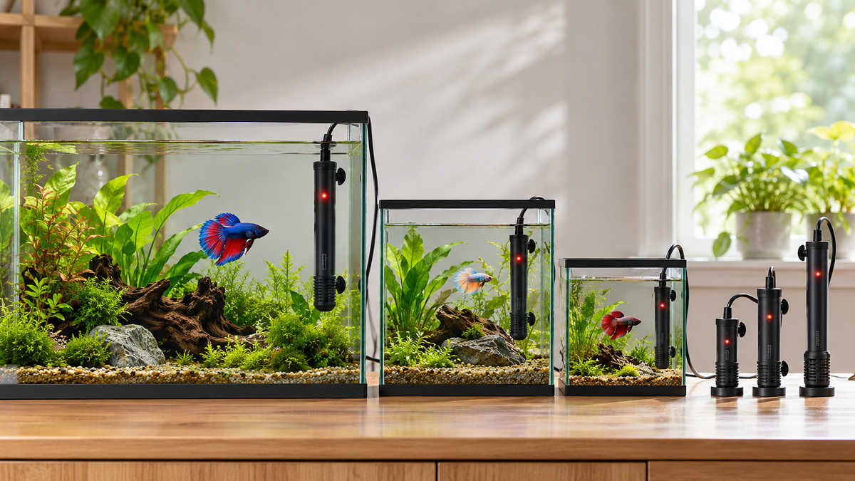 Generic aquarium heaters with subtle red indicator lights beside three betta tanks.