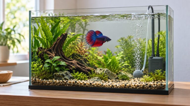 A small generic submersible aquarium pump and air stone create gentle water movement in a planted betta tank.