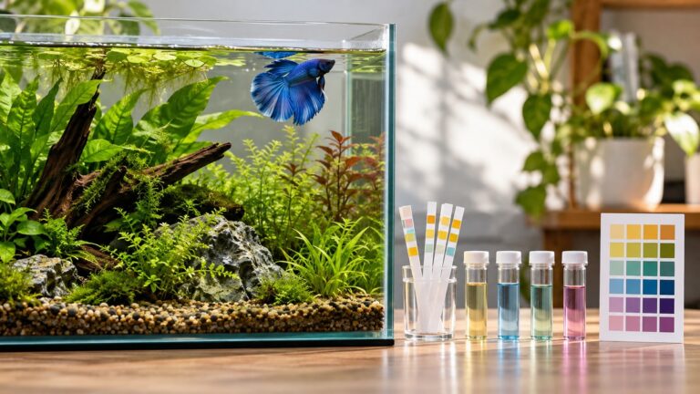 A clear betta tank beside a small row of test strips and a color chart, with a blue betta resting near the top of the water.