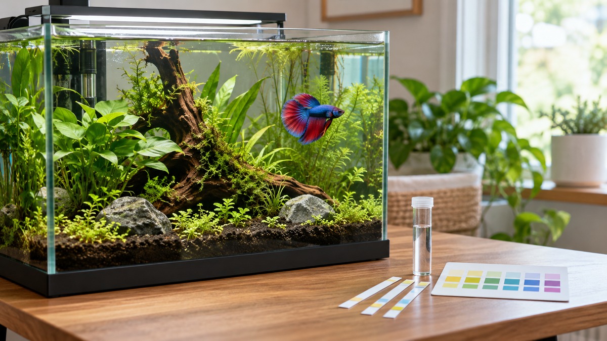 A betta tank sits beside plain test strips, a clear water sample tube, and a blank color-swatch card.
